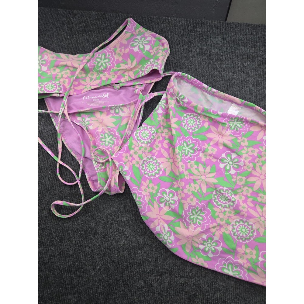 Cabana del Sol Bikini Set Women Medium Pink Floral Nylon 3pc Sarong Y2K Beachy